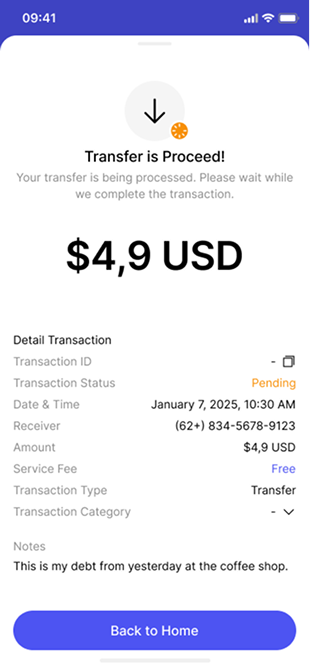 The shipped pending state — E-Wallet screen